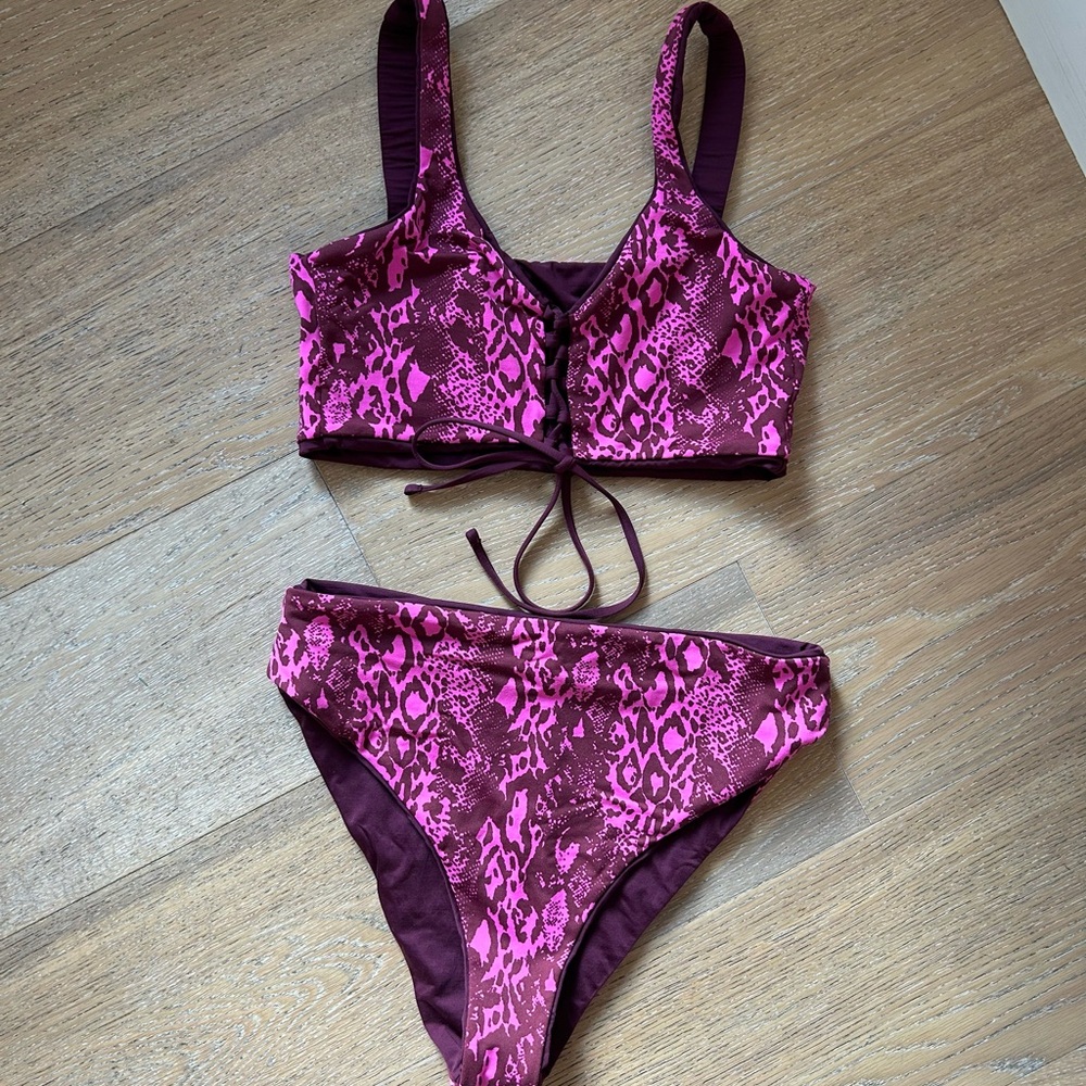 Maaji Pink & Maroon Reversible Snake Print Bikini